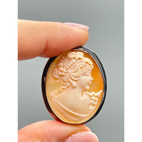 Vintage Sterling Silver Genuine Carved Cameo Shell Pendant Oval Pin Brooch - Picture 8 of 10